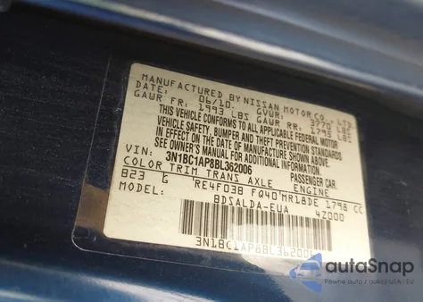 2011 Nissan Versa 1.8S z USA, uszkodzony, nr VIN 3N1BC1AP8BL362006